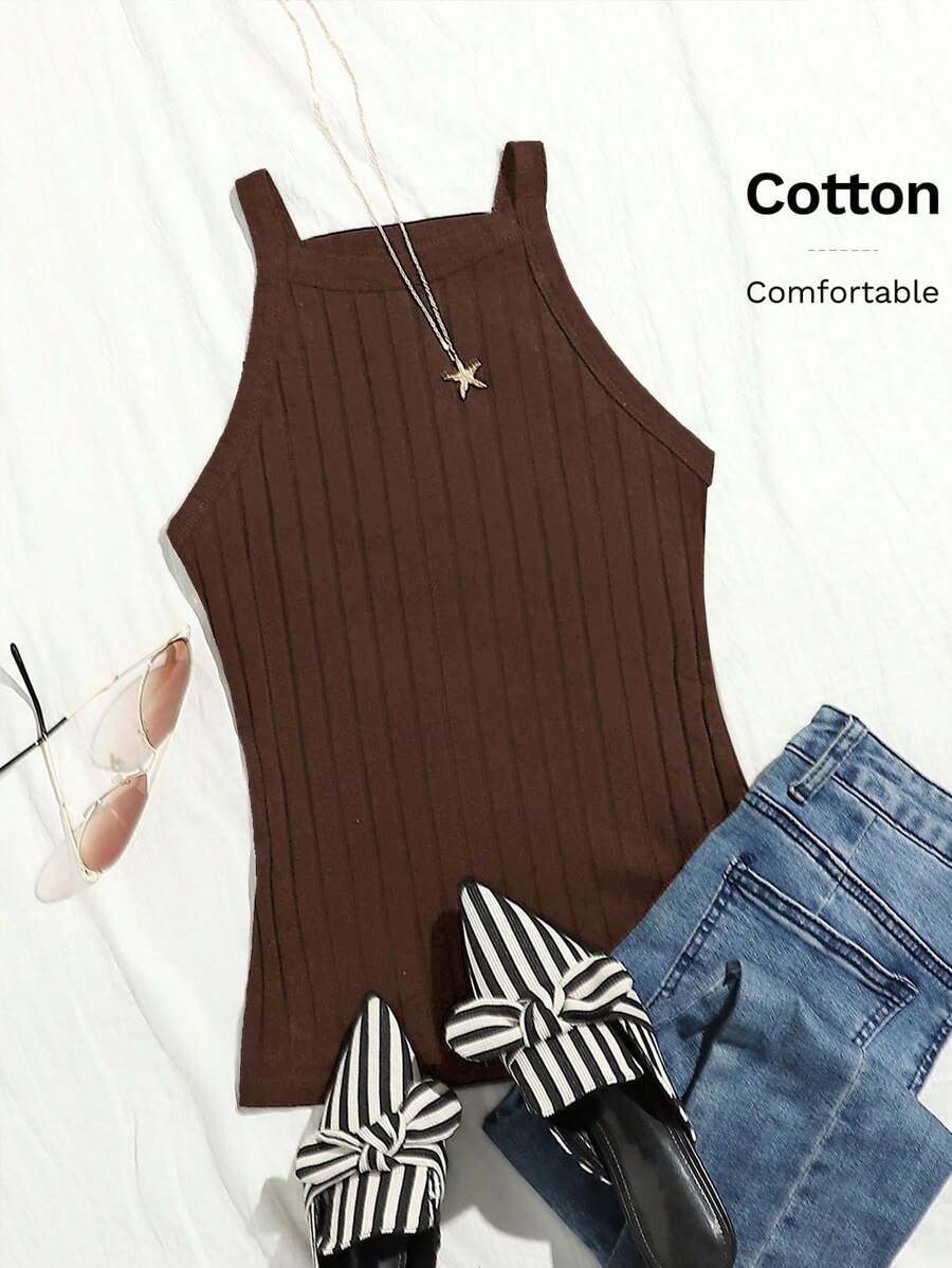 SHEIN EZwear Solid Rib-knit Cami Top - Chocolate Brown - View 1