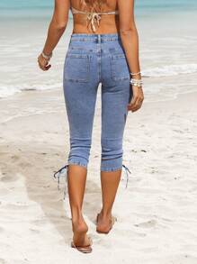 Breezaya Women's Casual Drawstring Side Skinny Fit Jeans For Beach Vacation And Music Festival Outfits For Woman Summer Vacation Outfits Women