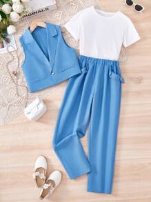 3-Piece Tween Girl Blue Vest Suit Set With White Tee And Pants, Formal Look, Spring/Summer