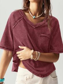 Bohemela BOHO Casual Solid Color Knitted Crew Neck Raglan Short Sleeve Loose T-Shirt For Women