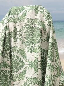 SHEIN 2pcs/Set Maternity Vacation Floral Print Short Sleeve Kimono & Adjustable Waist Shorts, Casual Wear - Green - View 4