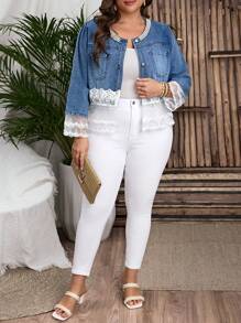 EMERY ROSE Plus Size Women Contrast Lace Long Sleeve Single-Breasted Casual Denim Jacket - Light Wash - View 3