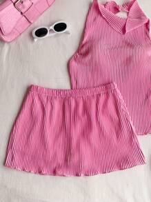 Comfortcana 女士 2 件套纯色褶皱无袖上衣和短裤，休闲