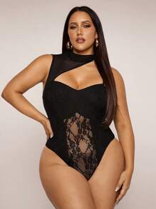 SHEIN BAE Plus Size Women's Summer Black Sheer Lace Mesh Patchwork Sleeveless Bodysuit, Suitable For Commuting, Vacation, Summer, Young Fashion Bodysuit. Beach Vacation Bodysuit, Graduation Season, Birthday, Party, Mother's Day - Black - View 2