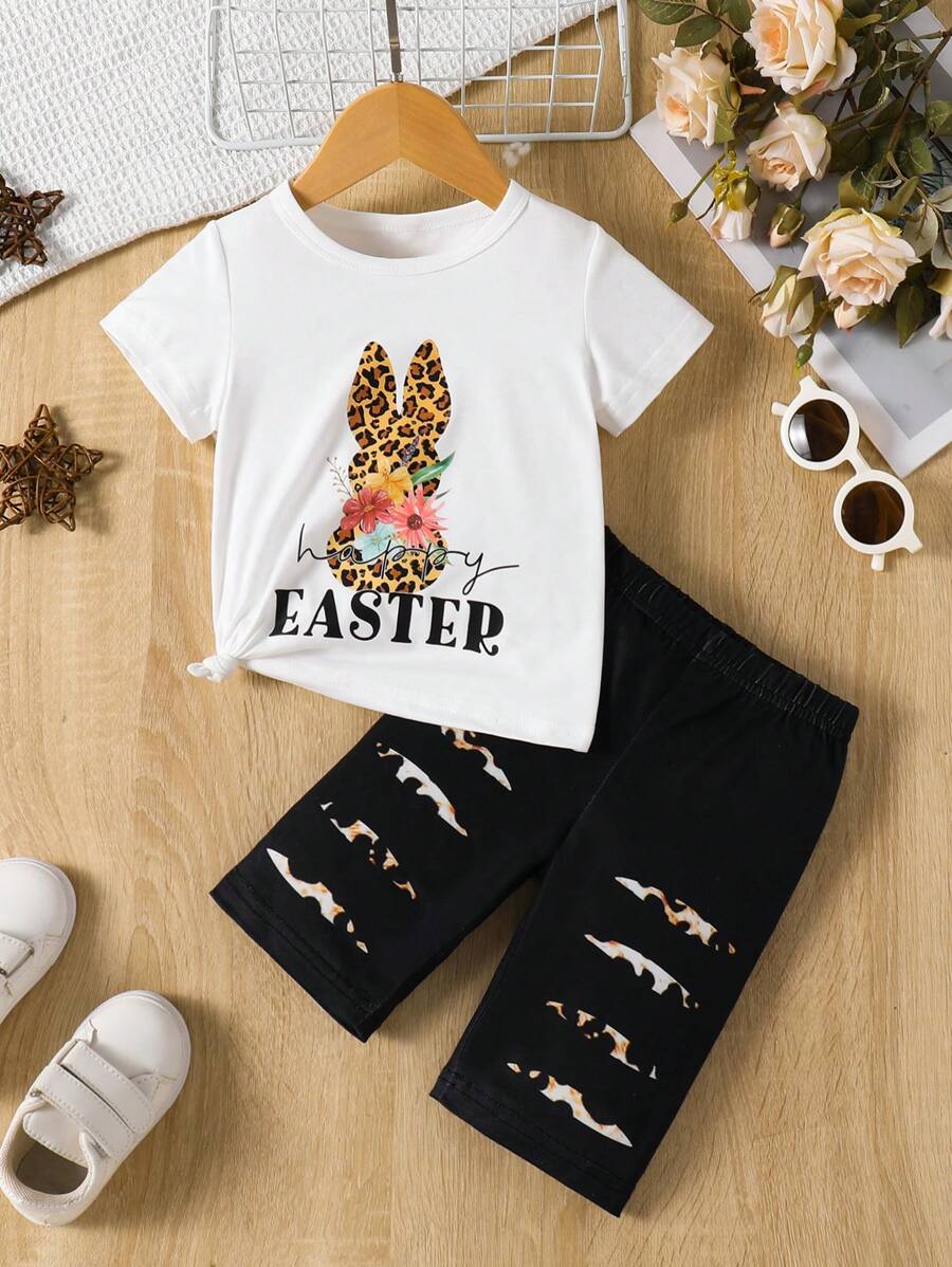 2 件套女婴时尚复活节兔子、豹纹、花卉和字母图案短袖 T 恤和短裤套装，适合春夏季 - 白色 - 查看 1
