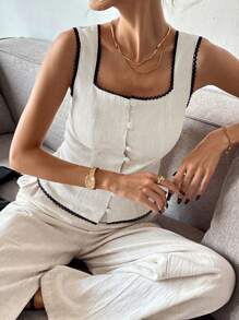 SHEIN Frenchy Áo cánh hở lưng buộc dây phía trước phối ren màu tương phản thanh lịch dành cho nữ, áo ngực cổ vuông, viền ren đen tương phản, nơ sau lưng, phong cách Old Money, vải có họa tiết phù hợp mặc hàng ngày, mùa xuân/hè - Nhiều màu - Xem 4