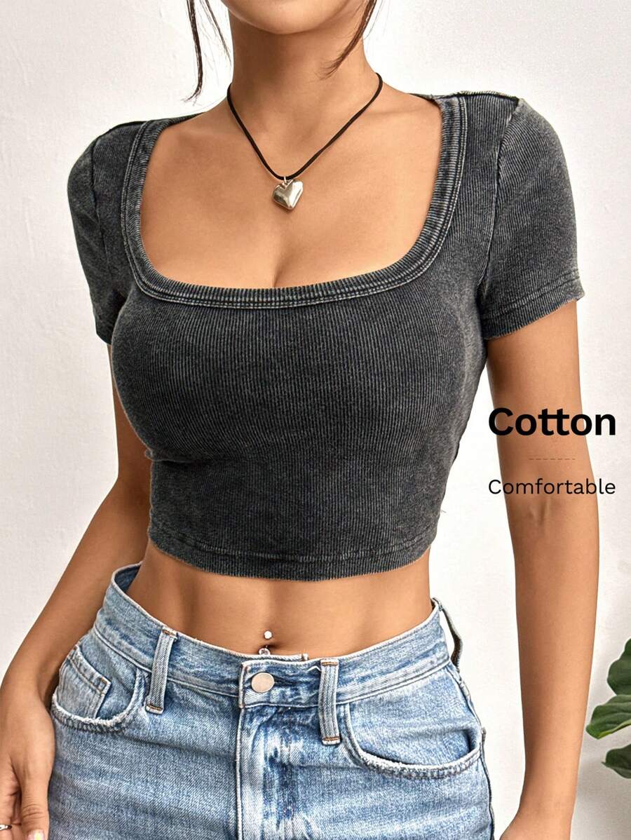 SHEIN EZwear 黑色針織女士短袖緊身T恤