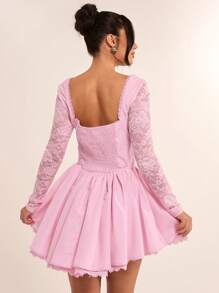 SHEIN BAE Elegant Red Lace Splice Long Sleeve Bodycon Mini Dress, Suitable For Graduation, Formal, Cocktail Party, Romantic Date, Autumn/Winter Layering, Party, Clubbing, Bridesmaid, Night Out, Halloween, Christmas