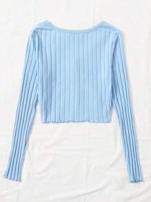 SHEIN EZwear Buttoned Front Lettuce Trim Rib-knit Top