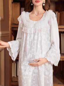 PalaceNights Palace Style Embroidery Long Sleeve Maxi Loose Maternity Nightgown Babydoll Luxe Loungewear, Fall - White - View 3