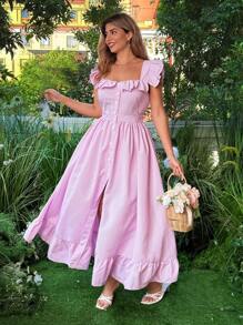 Flirla Plus Size Women Striped Print Ruffle Hem Long Skirt - Pink - View 2