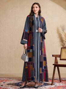 Al Najma 2 chiếc/bộ áo khoác cardigan dài in họa tiết chắp vá cho nữ và váy không tay - Màu xanh bụi bặm - Xem 5