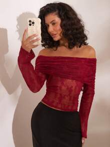 Opulessa Women's Solid Color Knitted Lace Off Shoulder Long Sleeve Top - Burgundy - View 5
