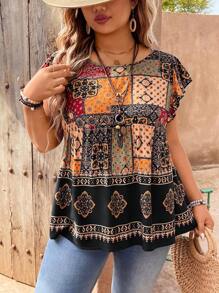 Linhara Plus Size Women's Retro Casual Crew Neck Puff Sleeve Printed Smock Blouse, Spring/Summer - Multicolor - View 4