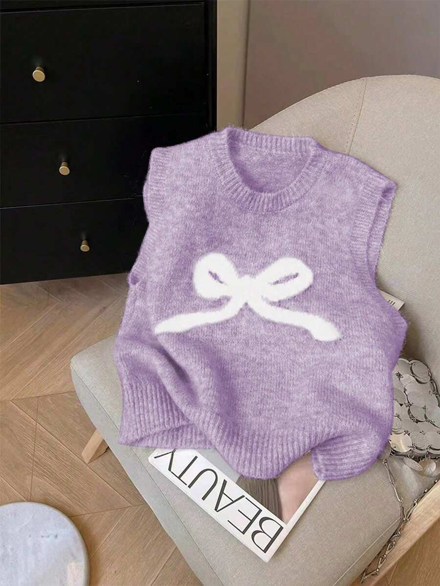 Chiquease 2024 Autumn/Winter New Bowknot Sleeveless Knitted Sweater Vest, Loose Layered Soft Ribbed Knit Camisole Top - Multicolor - View 1