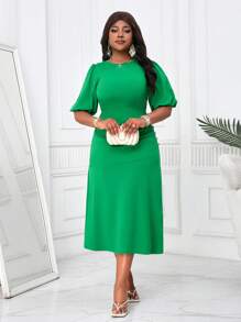 SHEIN Lady Spring, Summer, Autumn And Winter Elegant Green Knitted Round Neck Ruffled Puff Sleeves Plus Size Long Dress - Green - View 3