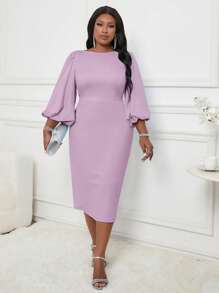 Fleurora Autumn And Winter Elegant Baby Blue Round Neck Bishop Sleeve Bodycon Dress Plus Size Dresses Blue Dresses Dress - Purple - View 7