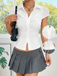 SHEIN EZwear White Woven Pleated Bust Tie Front Fitted Short Sleeve Blouse