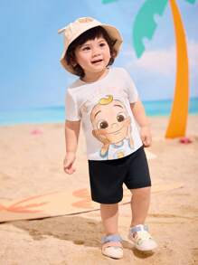 CoComelon X SHEIN Baby Boy Cartoon Graphic Cute White Short Sleeve T-Shirt, Suitable For Spring And Summer. - White - View 8