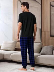 Contrast Plaid Print Patch Pocket Short Sleeve & Long Pants Men Pajama Set - Blue - View 2