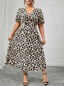 Firerie Plus Size Fall Vintage Leopard Print Kortärmad Kink Cinched midja Klänning - Aprikos - Visa 5
