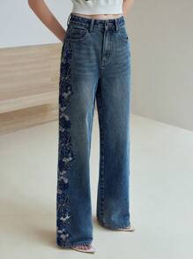MOTF STUDIO Jeans rectos con bordado floral - Azul - Ver 6