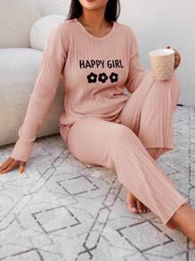 RueChic Conjunto de pijama 100% algodón con gráfico floral y de letras con hombros caídos - Rosa - Ver 4