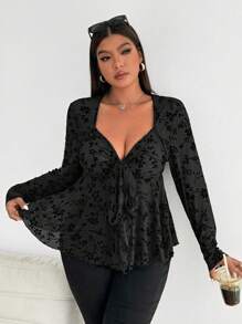 Vionelle 大码女式派对领带蝴蝶结褶饰网眼植绒 A 字形衬衫，适合约会、聚会