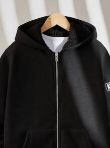 SHEIN Tween Boy's Plush Hooded Jacket, Autumn/Winter - Black - View 7