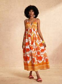 Slaydiva New Casual Floral Print Sleeveless Long Dress - Orange, Spring/Summer - Yellow - View 4