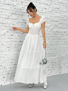 SHEIN EZwear Vestido largo casual de manga corta con corbata a la cintura para mujer, ideal para vacaciones