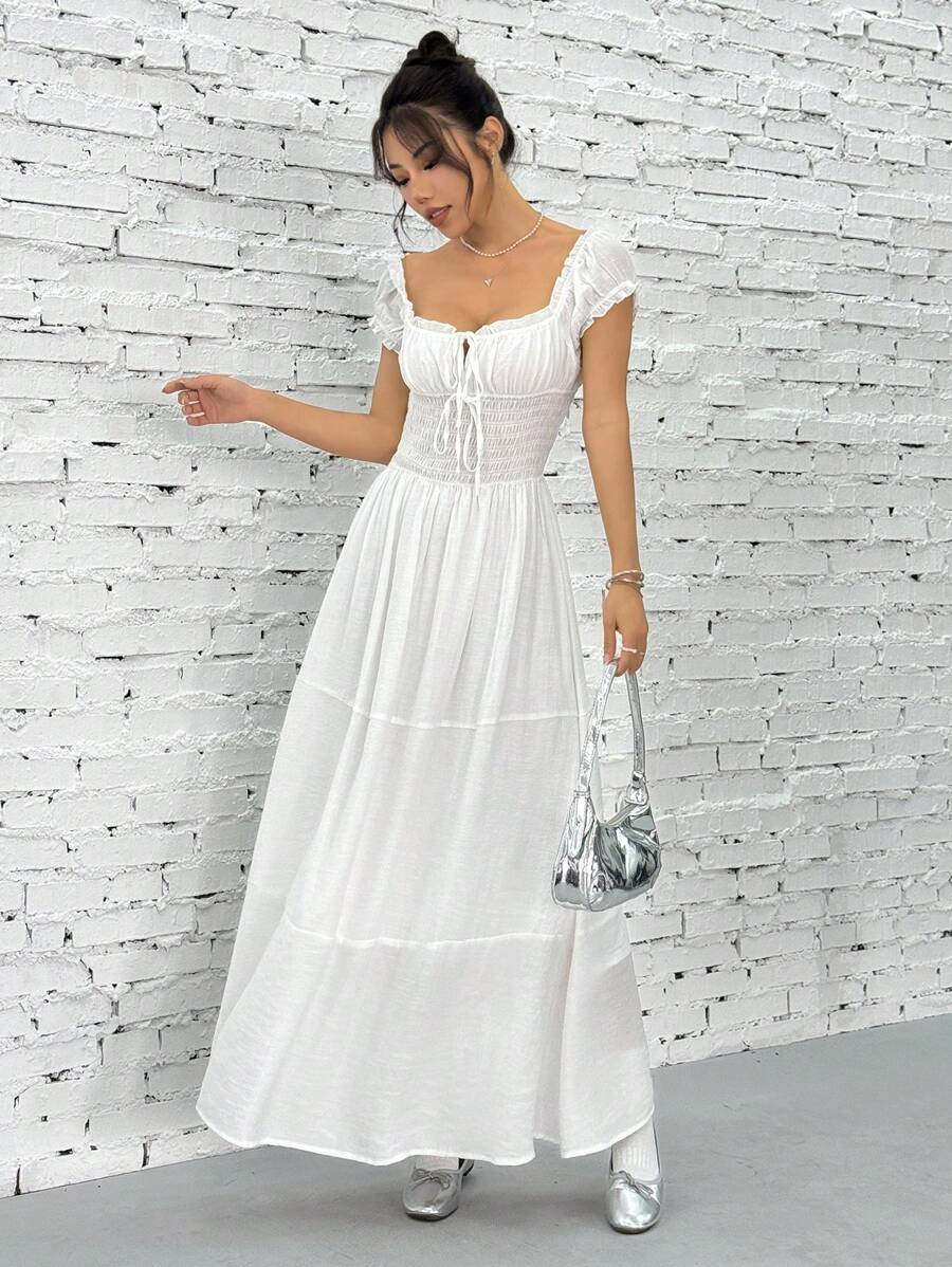 SHEIN EZwear Vestido largo casual de manga corta con corbata a la cintura para mujer, ideal para vacaciones