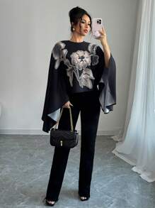 Elenzga Spring And Summer Latest Flower Print Black Round Neck Batwing Sleeve Elegant Loose Ladies Shirt Tops