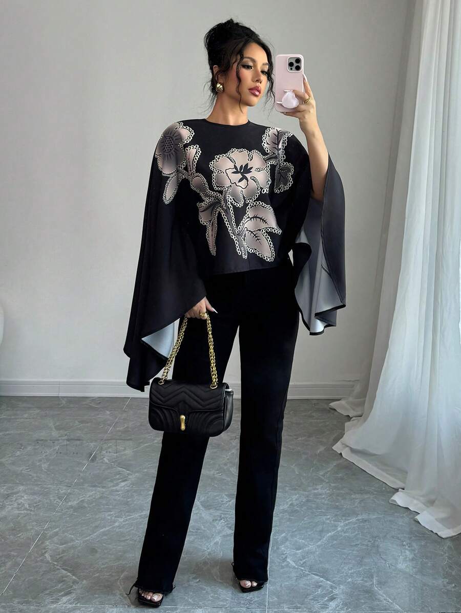 Elenzga Spring And Summer Latest Flower Print Black Round Neck Batwing Sleeve Elegant Loose Ladies Shirt Tops