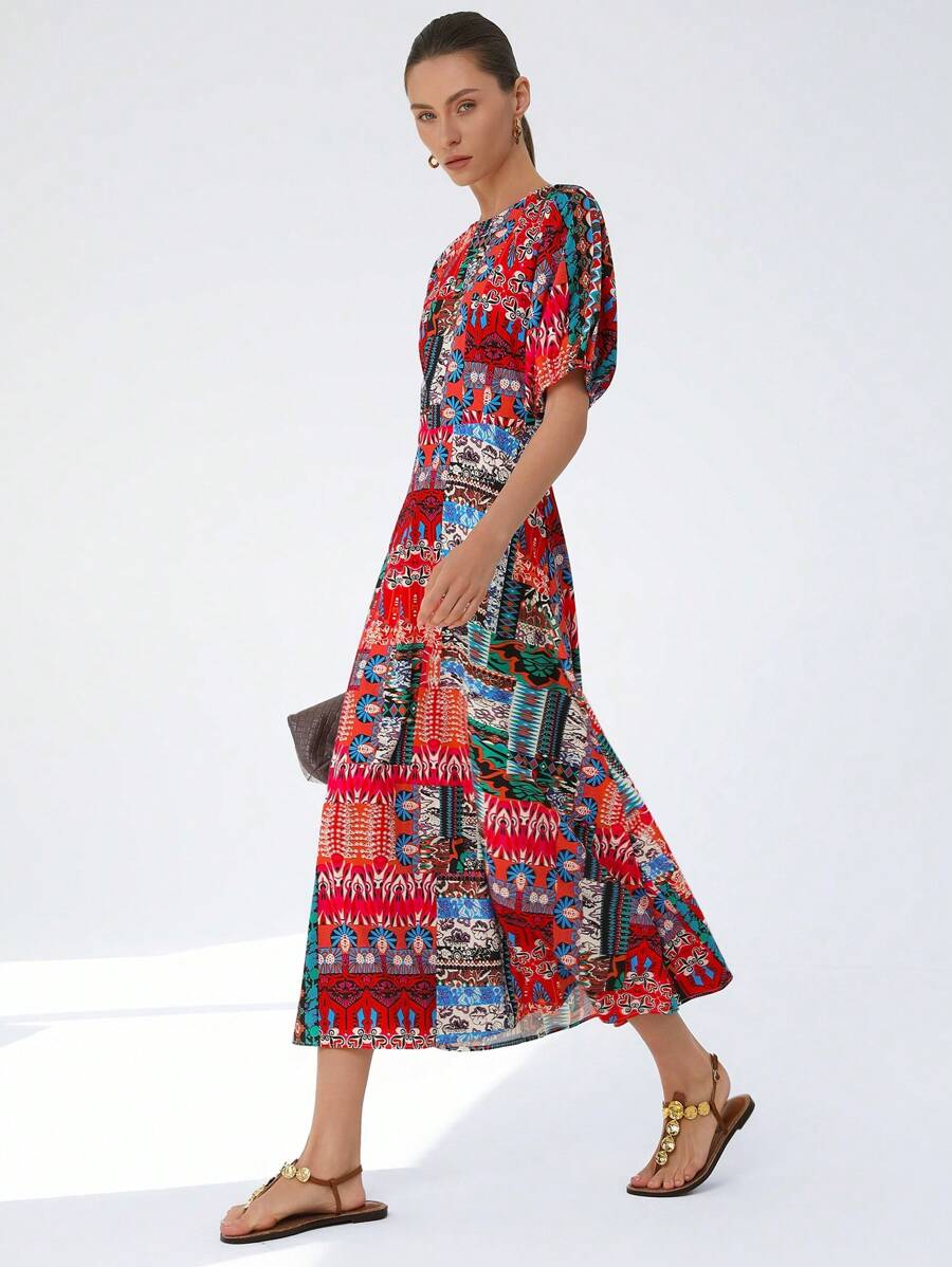 Aveloria Modichic 随机印花圆领泡泡袖腰部收褶长款女式连衣裙 - 彩色 - 查看 1