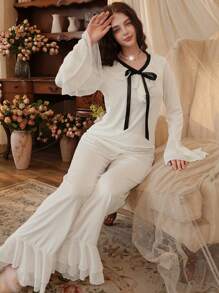 French Elegant Bowknot Mesh Patchwork Ladies Sleepwear Set Holiday Season - White - View 7