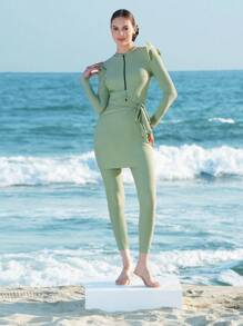 Swim Shayni Bộ đồ bơi và bikini màu trơn cổ tròn tay dài xếp nếp ngực mới cho nữ mùa hè - xanh quân đội - Xem 6