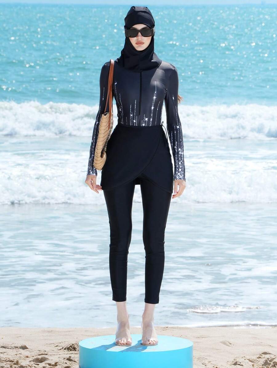 Swim Shayni 4 件套女士全覆盖防晒衣套装：黑白渐变印花长袖拉链连体泳衣、紧身裤和帽子 - 黑色 - 查看 1