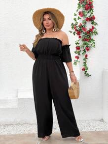 SHEIN Clasi Mono informal de talla grande para vacaciones con hombros descubiertos, unicolor y volantes en la cintura - Negro - Ver 4