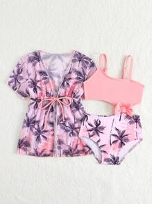 SHEIN 2 件装女婴泳衣套装，可爱草莓印花蝴蝶结装饰连体泳衣和防晒斗篷