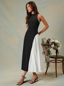 L'Amorae Elegant Colorblock Sleeveless Fit And Flare Maxi Dress, Summer Outfits For Women Summer Clothes - Black and White - View 1