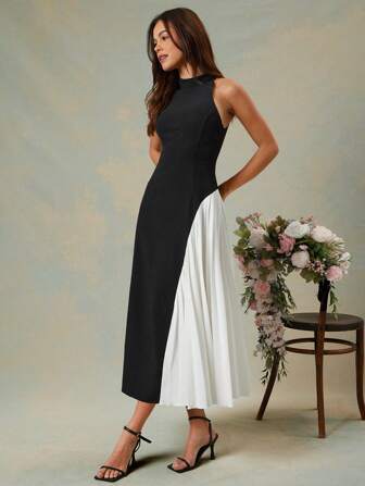 L'Amorae 优雅拼色无袖修身喇叭长裙，女士夏季服装，女士夏季服装