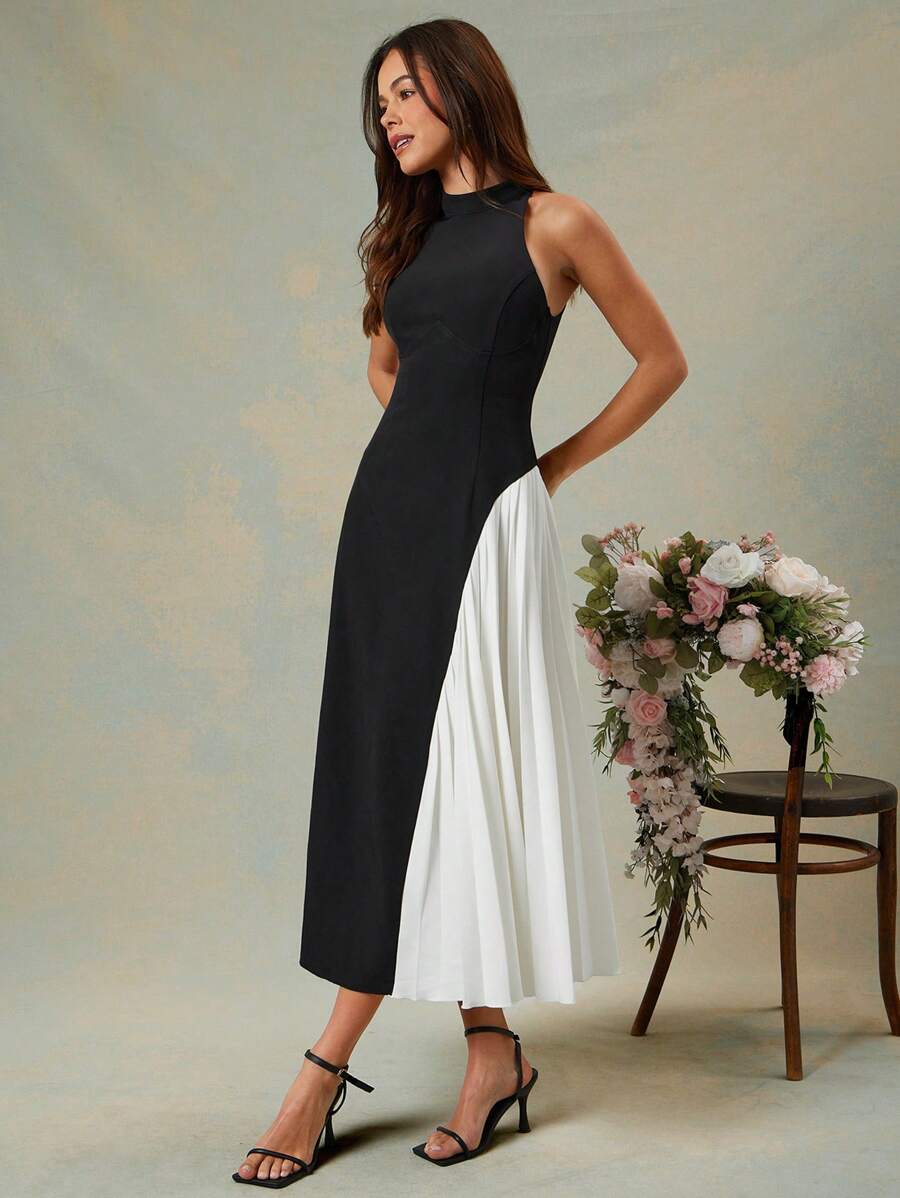 L'Amorae Elegant Colorblock Sleeveless Fit And Flare Maxi Dress, Summer Outfits For Women Summer Clothes - Black and White - View 1