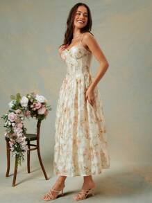 L'Amorae 优雅花卉粉彩无袖紧身胸衣收腰修身喇叭裙春夏连衣裙、婚礼宾客礼服、女士夏季服装 - 彩色 - 查看 3