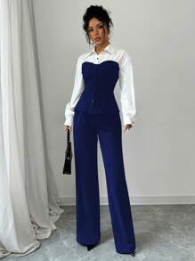 Gloray 2 sztuki/zestaw Kontrastowa kolorowa bluzka i spodnie Slim Fit, wyszczuplające