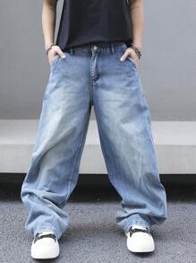 Manfinity EMRG 男士口袋阔腿宽松休闲百搭牛仔裤 - 淺色水洗藍 - 查看 3