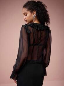 Enchnt Women's Elegant See-Through Ruffle Hem Blouse