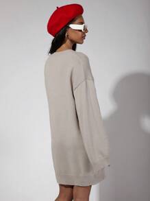 COSMINA Women's Round Neck Long Sleeve Graphic Detail Minimalist Casual Short Sweater Dress - Grey - View 6