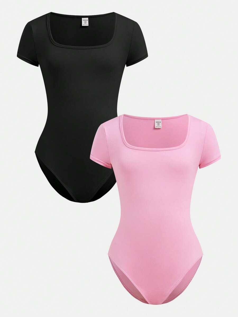 2pcs/Set Tween Girls Fitted Casual Square Neck Basic Short Sleeve Jumpsuit - Baby Pink - View 1