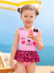 Young Girl Cute Cartoon Leopard Print Ruffles One Piece Swimsuit,Easter Swimsuit, - Pink - View 3